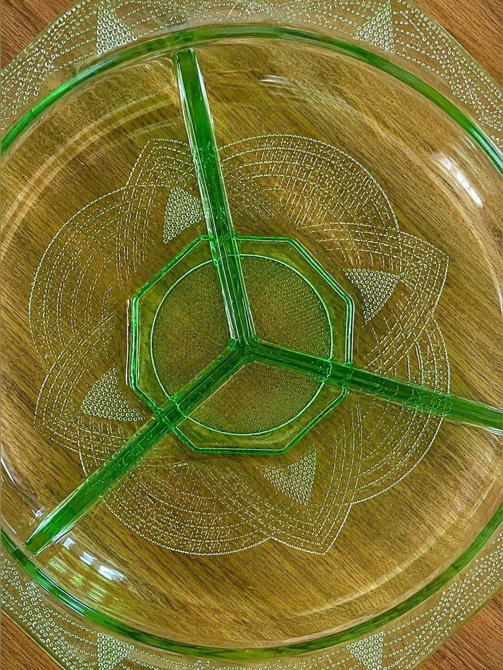 Vintage Green Glass Divided Serving Dish 11” Celtic Knot Style